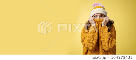 Charming playful charismatic girl hiding face pull sweater collar nose widen eyes surprised happy fool around having fun enjoying winter vacation mountains escape cold wearing warm clothes Charming playful charismatic girl hiding face pull sweater collar nose widen eyes surprised happy fool around having fun enjoying winter vacation mountains escape cold wearing warm clothes 104578433