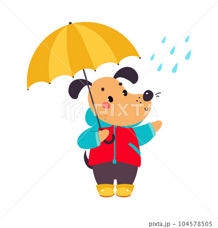 Cute Dog in Rainy Day Walking with Umbrella Vector Illustration Cute Dog in Rainy Day Walking with Umbrella Vector Illustration 104578505