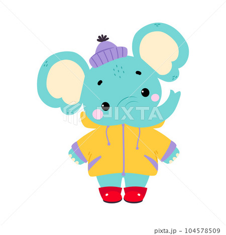 Cute Elephant in Rainy Day Walking in Raincoat and Rubber Boots Vector Illustration Cute Elephant in Rainy Day Walking in Raincoat and Rubber Boots Vector Illustration 104578509
