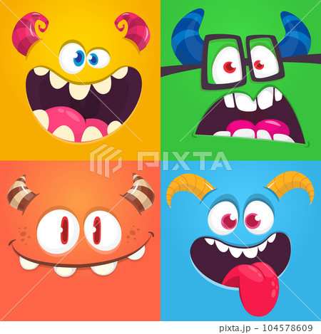 Funny cartoon monster faces emotions set. Illustration of mythical alien creatures different expression. Halloween party design. Great package design. 104578609