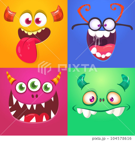 Funny cartoon monster faces emotions set. Illustration of mythical alien creatures different expression. Halloween party design. Great package design. Funny cartoon monster faces emotions set. Illustration of mythical alien creatures different expression. Halloween party design. Great package design. 104578616