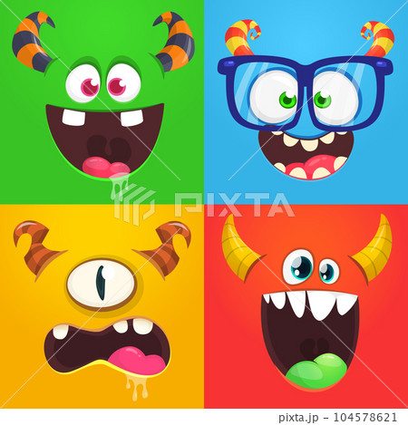Funny cartoon monster faces emotions set. Illustration of mythical alien creatures different expression. Halloween party design. Great package design. Funny cartoon monster faces emotions set. Illustration of mythical alien creatures different expression. Halloween party design. Great package design. 104578621