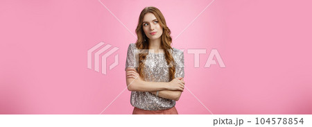 Cutiour thoughtful charming young caucasian female dress-up party night-out look up thinking dreaming, have idea consider were go, standing pleased upbeat ready have fun all night, pink background 104578854