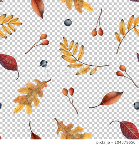 Yellow and red fall leaves and berries seamless pattern on white. Autumn botanical watercolor background illustration with hand drawn plants for fabrics and textiles Yellow and red fall leaves and berries seamless pattern on white. Autumn botanical watercolor background illustration with hand drawn plants for fabrics and textiles 104579650
