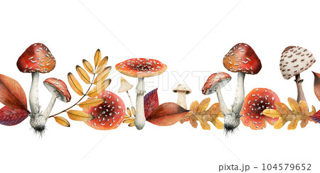 Autumn horizontal seamless border with poisonous mushrooms, fly agarics, yellow fall leaves watercolor illustration isolated on white background 104579652