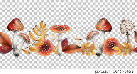 Autumn horizontal seamless border with poisonous mushrooms, fly agarics, yellow fall leaves watercolor illustration isolated on white background 104579652