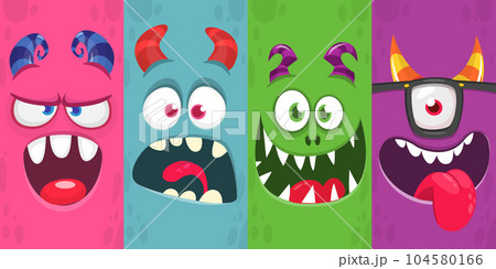 Funny cartoon monster faces emotions set. Illustration of mythical alien creatures different expression. Halloween party design. Great package design. Funny cartoon monster faces emotions set. Illustration of mythical alien creatures different expression. Halloween party design. Great package design. 104580166