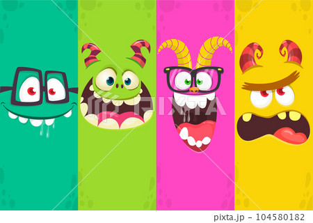 Funny cartoon monster faces emotions set. Illustration of mythical alien creatures different expression. Halloween party design. Great package design. Funny cartoon monster faces emotions set. Illustration of mythical alien creatures different expression. Halloween party design. Great package design. 104580182