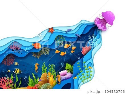 Cartoon underwater sea landscape paper cut. Jelly fish, fish shoal and seaweeds whimsical and imaginative vibrant scene with intricate papercut art. 3d vector frame with undersea world and marine life 104580796