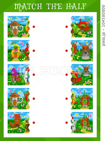 Match the half of fairytale magic houses and dwellings. Cartoon vector game worksheet with funny pear, apple, strawberry and windmill, watering can, cabbage and old boot buildings in summer garden Match the half of fairytale magic houses and dwellings. Cartoon vector game worksheet with funny pear, apple, strawberry and windmill, watering can, cabbage and old boot buildings in summer garden 104580800