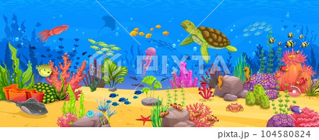 Cartoon underwater landscape with turtle and fish shoal, seaweeds, corals and reefs. Underwater aquatic life landscape, coral reef water world background or sea deep wildlife vector scene or wallpaper 104580824
