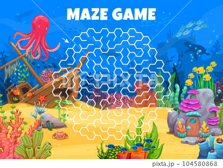 Labyrinth maze game. Help to octopus find his underwater house. Labyrinth puzzle vector worksheet with ocean bottom animal cute characters, sunken ship, fish shoal, corals and seaweeds, fantasy house 104580868