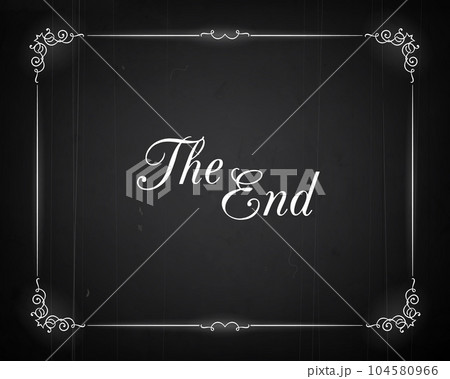 Silent movie cinema film end screen with vintage borders, vector background. Hollywood cinema and retro movie theater The End screen with frame, grunge black poster of silent movie film ending Silent movie cinema film end screen with vintage borders, vector background. Hollywood cinema and retro movie theater The End screen with frame, grunge black poster of silent movie film ending 104580966