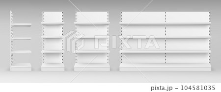 Supermarket shelf, white retail shop product shelves and racks, vector empty store showcase displays. Realistic 3D mockups of supermarket shelf and market stands, commercial retail shop product racks Supermarket shelf, white retail shop product shelves and racks, vector empty store showcase displays. Realistic 3D mockups of supermarket shelf and market stands, commercial retail shop product racks 104581035