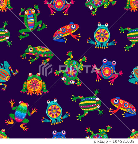 Mexican frogs seamless pattern background with cartoon exotic animals, vector colorful ornament. Mexican or Brazilian Latin pattern with tropical funny cute frogs in alebrije art or floral pattern 104581038