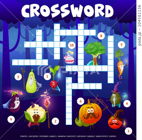 Crossword grid cartoon vegetable mages and wizards characters, quiz game. Vector funny radish, cauliflower, tomato, avocado and zucchini, pumpkin, carrot, broccoli, eggplant and garlic wiz personages Crossword grid cartoon vegetable mages and wizards characters, quiz game. Vector funny radish, cauliflower, tomato, avocado and zucchini, pumpkin, carrot, broccoli, eggplant and garlic wiz personages 104581136
