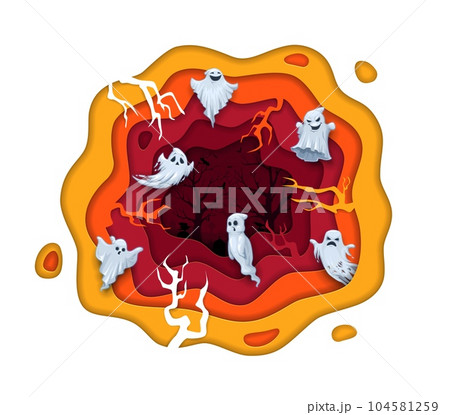 Halloween paper cut cartoon funny and eerie flying ghosts on cemetery landscape. Vector october holiday design with 3d papercut effect wavy frame, spooky phantoms, branches and graveyard graphics art 104581259