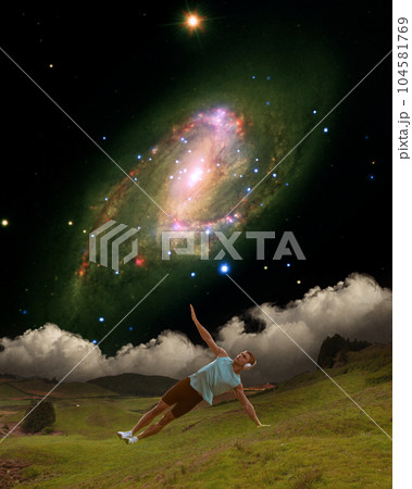 Contemporary art collage. Sportive young man, athlete in sportswear and headphones training on green grass over milky way, galaxy background Contemporary art collage. Sportive young man, athlete in sportswear and headphones training on green grass over milky way, galaxy background 104581769