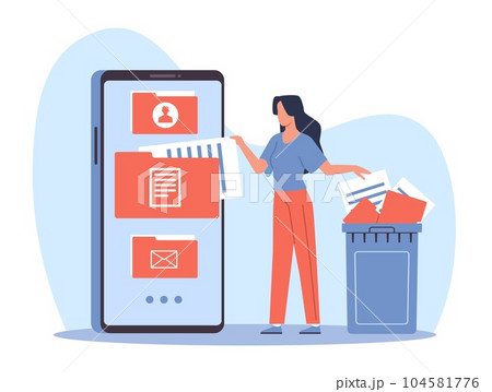 Woman cleaning cell phone from junk files. Delete documents in trash, optimization smartphone memory, woman near garbage bin, cleansing software, cartoon flat isolated vector concept Woman cleaning cell phone from junk files. Delete documents in trash, optimization smartphone memory, woman near garbage bin, cleansing software, cartoon flat isolated vector concept 104581776