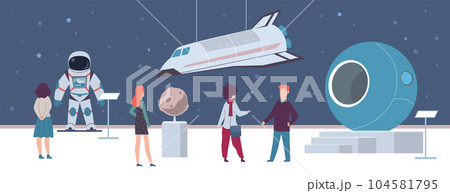 Planetarium. Space exhibition. Visitors men and women in astronomy museum on excursion, spacecraft and rocket sculpture, astronaut suit and cosmic shuttle. Cartoon flat isolated illustration Planetarium. Space exhibition. Visitors men and women in astronomy museum on excursion, spacecraft and rocket sculpture, astronaut suit and cosmic shuttle. Cartoon flat isolated illustration 104581795