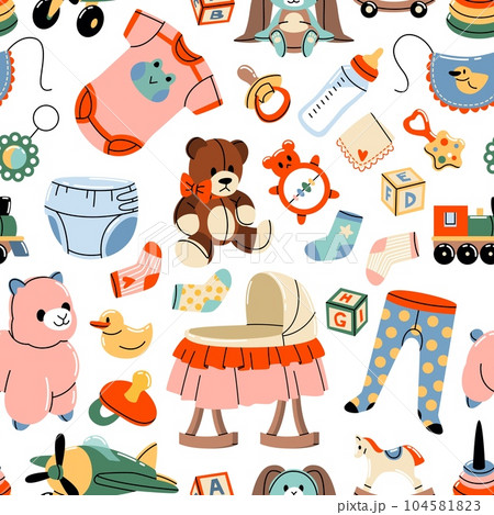 Baby supplies seamless pattern. Cartoon nursery accessories, repeated kids objects, toys and diapers, sliders and cradle. Kids clothes decor textile, wrapping paper, tidy vector background Baby supplies seamless pattern. Cartoon nursery accessories, repeated kids objects, toys and diapers, sliders and cradle. Kids clothes decor textile, wrapping paper, tidy vector background 104581823