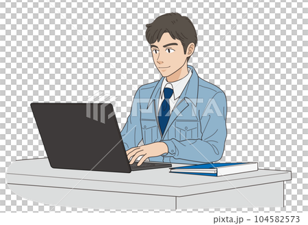 Young site supervisor doing office work on a computer 104582573