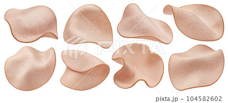 Sausage slices isolated on white background Sausage slices isolated on white background 104582602