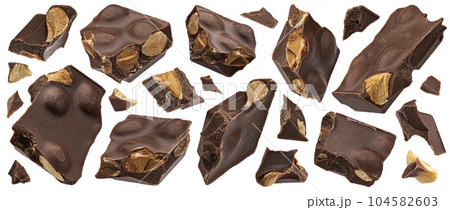 Dark chocolate chunks with almond isolated on white background 104582603