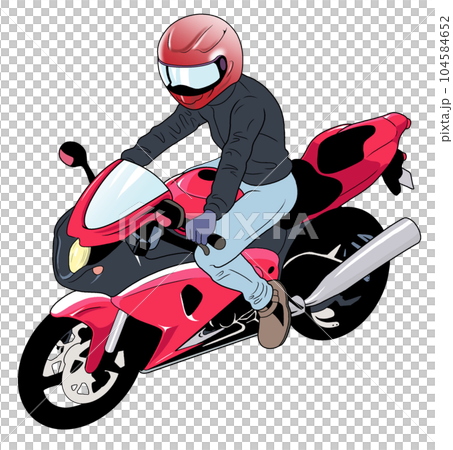 赤い大型バイクを運転する人のイラスト【ライダー・ヘルメット・オートバイ・単車・二輪・レッド・走行】 104584652