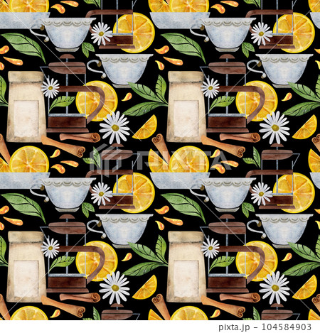 Hand drawn watercolor teaware tea lemon turkish glass crockery cinnamon french press. Seamless pattern isolated on white background. For invitations, cafe, restaurant food menu, print, website, cards 104584903