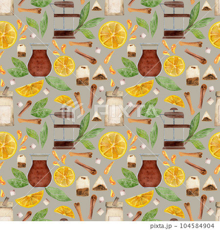 Hand drawn watercolor teaware, tea lemon, dishes crockery porcelain, hot beverage. Seamless pattern isolated on white background. For invitations, cafe, restaurant food menu, print, website, cards Hand drawn watercolor teaware, tea lemon, dishes crockery porcelain, hot beverage. Seamless pattern isolated on white background. For invitations, cafe, restaurant food menu, print, website, cards 104584904