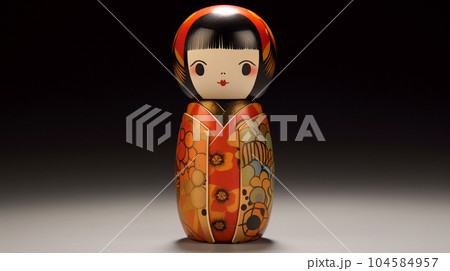 Generative ai. Japanese kokeshi doll with short hair and kimono Generative ai. Japanese kokeshi doll with short hair and kimono 104584957