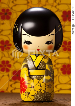 Generative ai. Japanese kokeshi doll with short hair and kimono 104584958