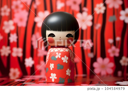 Generative ai. Japanese kokeshi doll with short hair and kimono 104584979