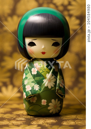 Generative ai. Japanese kokeshi doll with short hair and kimono 104584980