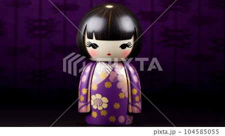 Generative ai. Japanese kokeshi doll with short hair and kimono 104585055