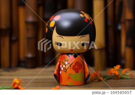 Generative ai. Japanese kokeshi doll with short hair and kimono 104585057