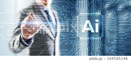 Man clicking on a virtual screen: Artificial intelligence chip. Ai chipset on circuit board. Data center background Man clicking on a virtual screen: Artificial intelligence chip. Ai chipset on circuit board. Data center background 104585146