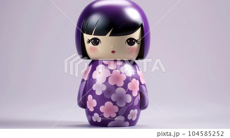 Generative ai. Japanese kokeshi doll with short hair and kimono 104585252
