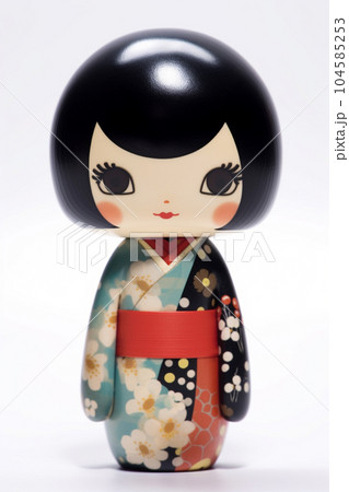 Generative ai. Japanese kokeshi doll with short hair and kimono 104585253