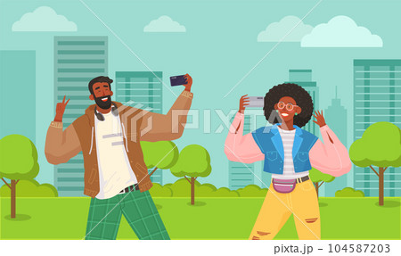 People using smartphones, gadget, mobile phone. Mobile internet, social media. Taking selfie on smartphone 104587203