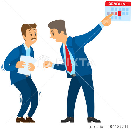 Angry boss shouting to employee. Conflict in office between chief and worker, stressed subordinate 104587211