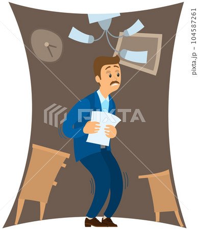 Frightened businessman standing in shrinking room. Claustrophobia, fear of enclosed spaces concept 104587261