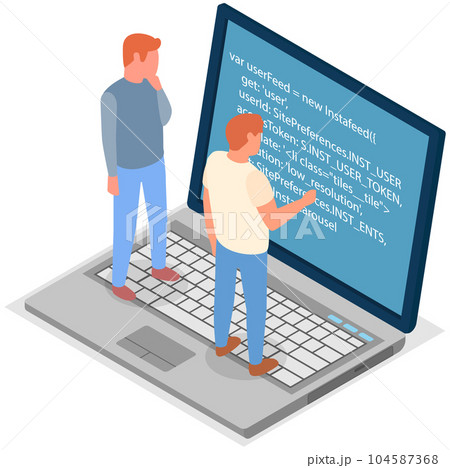 Young men standing on computer and working with laptop in social networks, typing program code 104587368