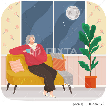 Adult woman sitting on couch at home drinking coffee resting after work, thinking about something Adult woman sitting on couch at home drinking coffee resting after work, thinking about something 104587375