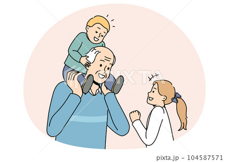 Senior grandfather playing with little grandkids 104587571