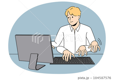 Businessman typing on computer with numerous hands 104587576