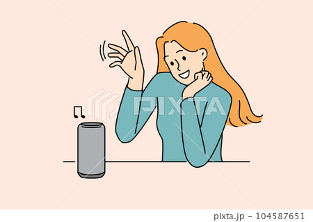 Woman uses wireless speaker with voice control to communicate with virtual interlocutor Woman uses wireless speaker with voice control to communicate with virtual interlocutor 104587651