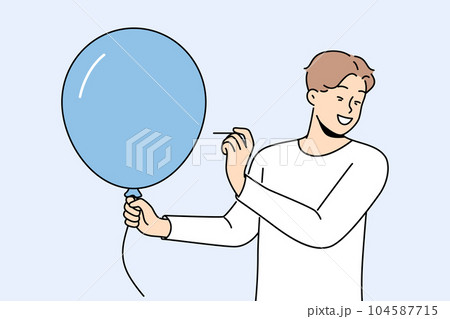 Man with balloon holds needle, wanting to make loud explosion to cheer people around Man with balloon holds needle, wanting to make loud explosion to cheer people around 104587715