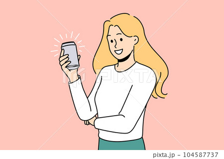 Woman with soda in aluminum can wants to get intimate with cold lemonade or beer drink 104587737